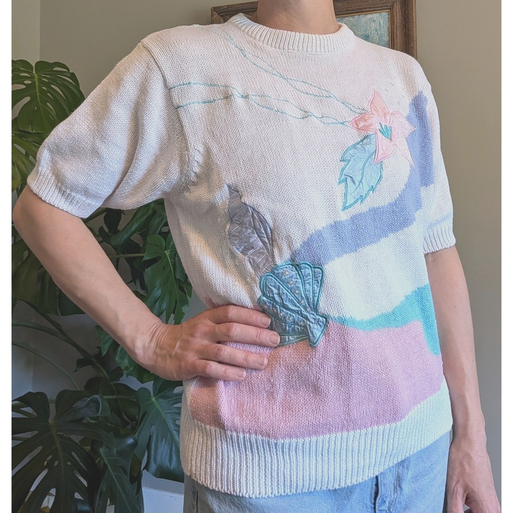 Vintage Alfred Dunner Short Sleeve Knit Sweater Seashells Grandmacore Applique